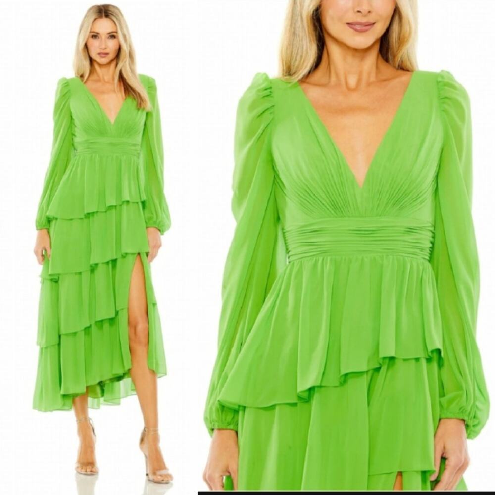 Mac Duggal Green Apple Chiffon Tiered Maxi Dress Long Sleeve Slit Gown Sz 16